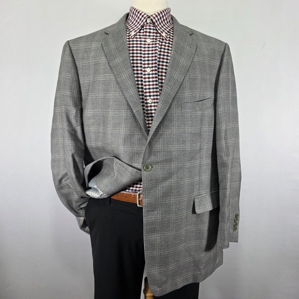 Turnbury Men's Sport Coat Blazer‎ Two Button Gray Plaid Wilk Wool Blend 50R